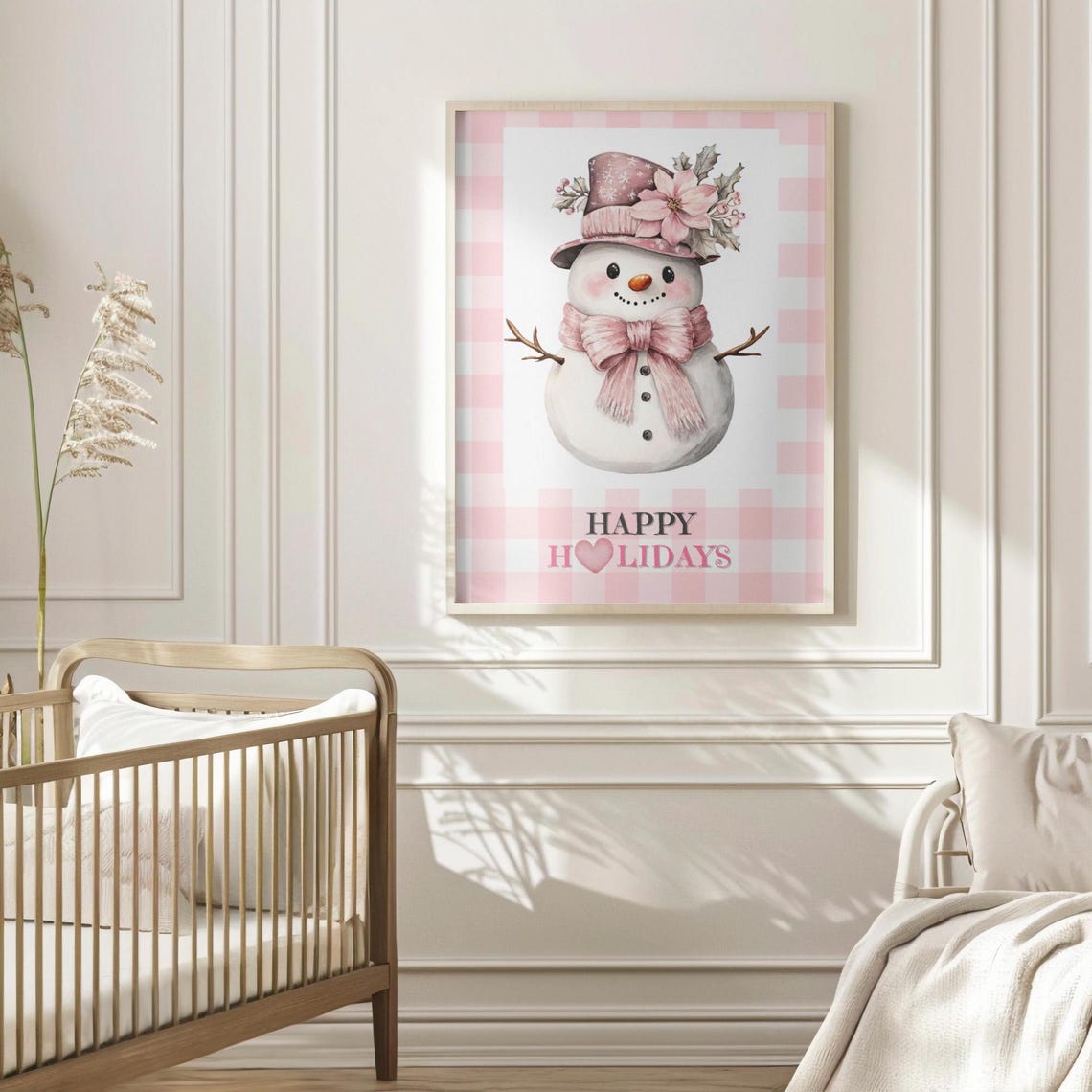Cute Snowman with Pink Poinsettia Hat and Happy Holidays Text Poster - Image 4