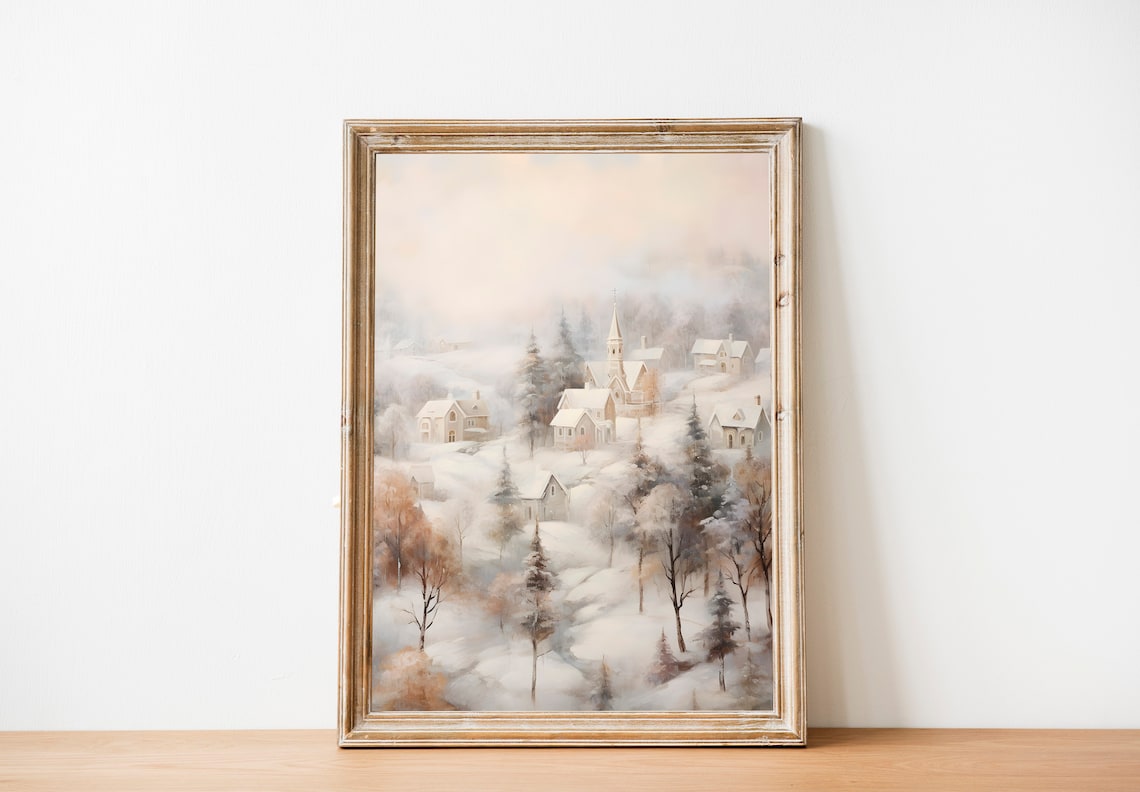 Vintage Winter Village Painting, Country Winter Scene - Image 6