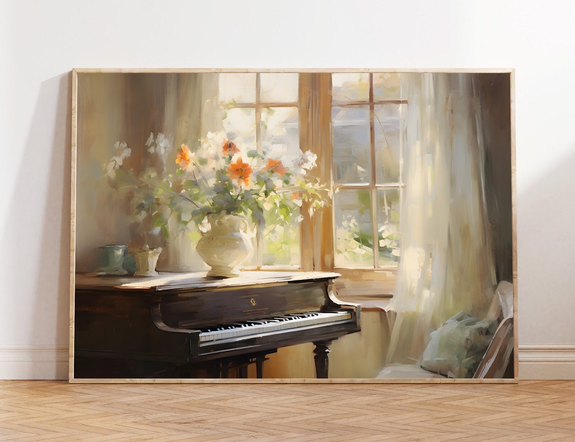 Flowers And Piano Wall Art Antique Piano Painting Vintage Piano Print Soft Tones Living Room Decor Farmhouse Living Room Art