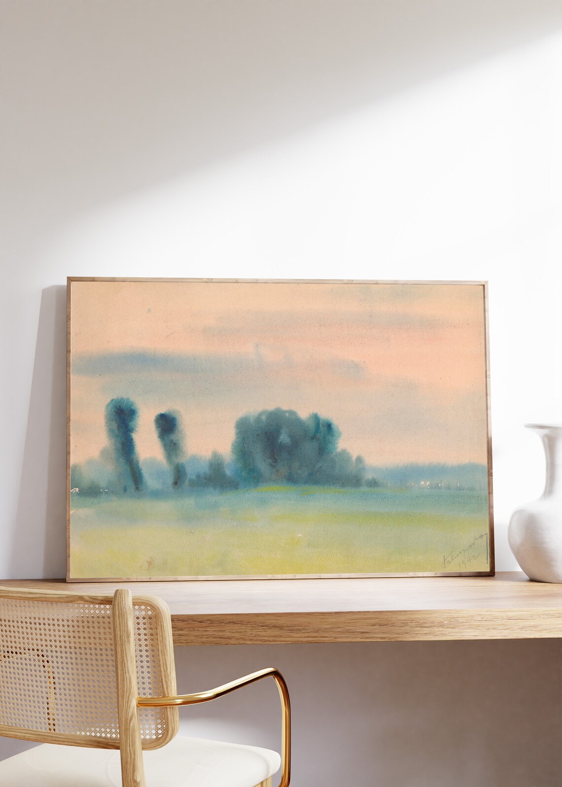 Misty Watercolor Trees Painting Minimalist Blue Green Landscape Poster - Image 8