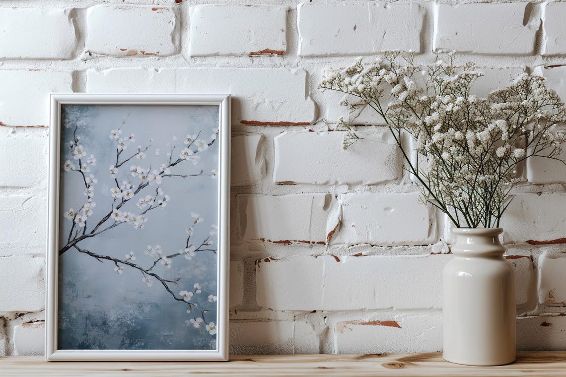 White Cherry Blossom Branches Blue Gray Japandi Home Decor Poster - Image 3