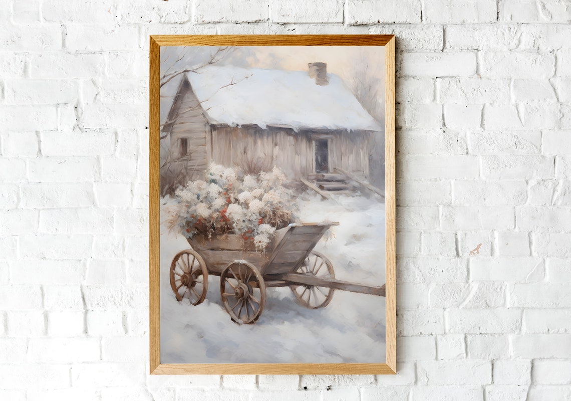 Rustic Snowy Cabin with Winter Wagon Scene Soft Watercolor Poster - Image 2