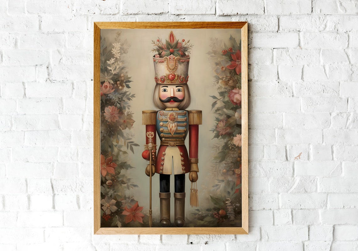 Nutcracker Soldier with Berry Crown Floral Background Poster - Image 2