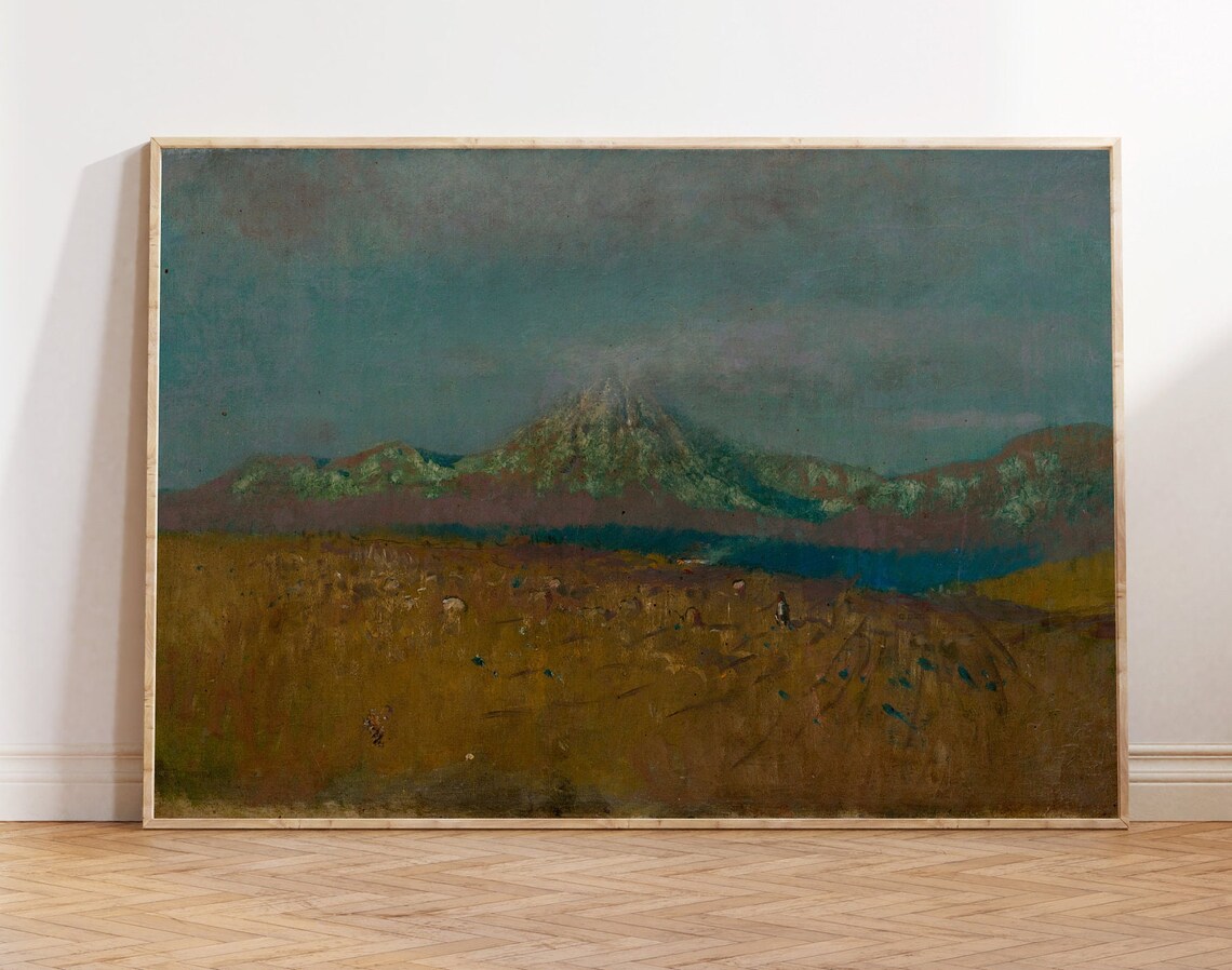 Muted Dark Mountain Over Golden Field Antique Tonal Painting Poster