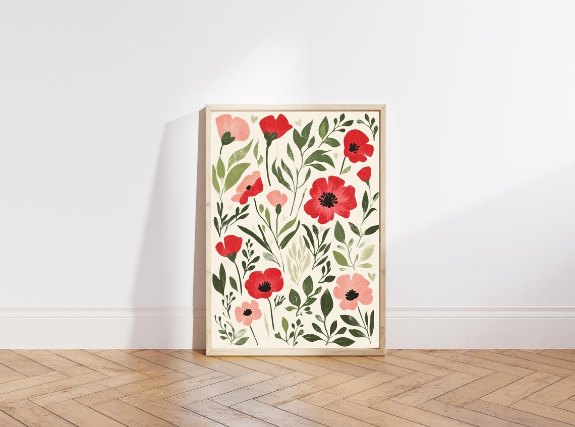 Red Poppy Meadow Botanical Illustration Floral Home Decor Poster - Image 4