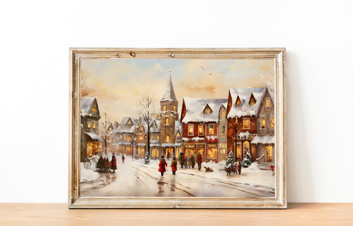 Snowy Village Street at Dusk with Church Steeple Winter Town Poster - Image 2