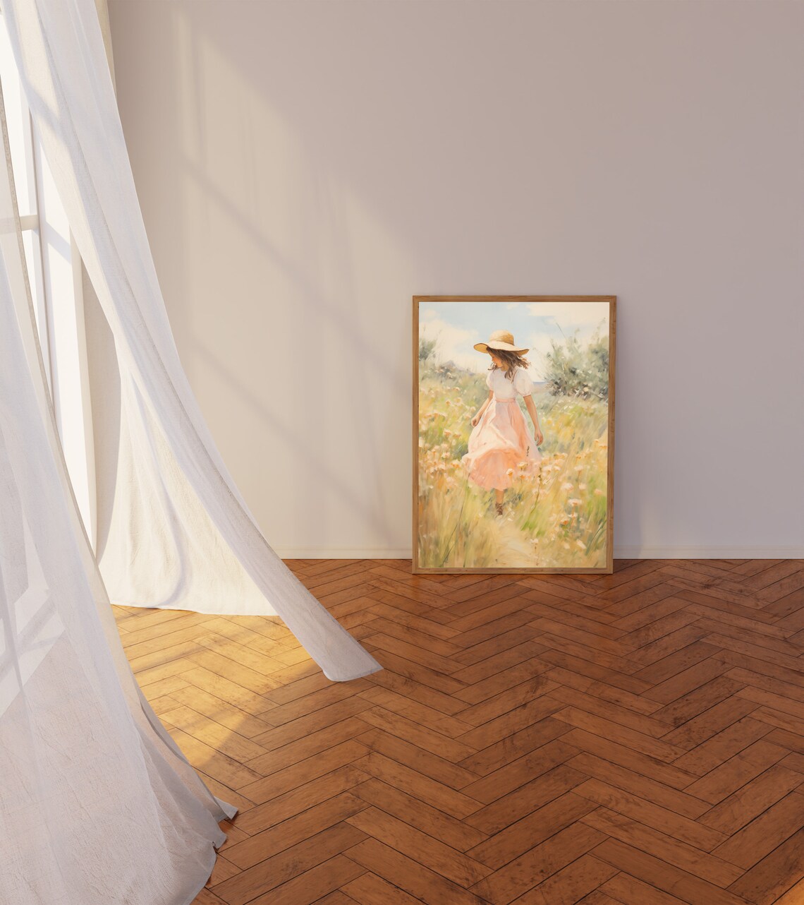 Little Girl in a Golden Wildflower Meadow Summer Sunhat Wall Art - Image 3