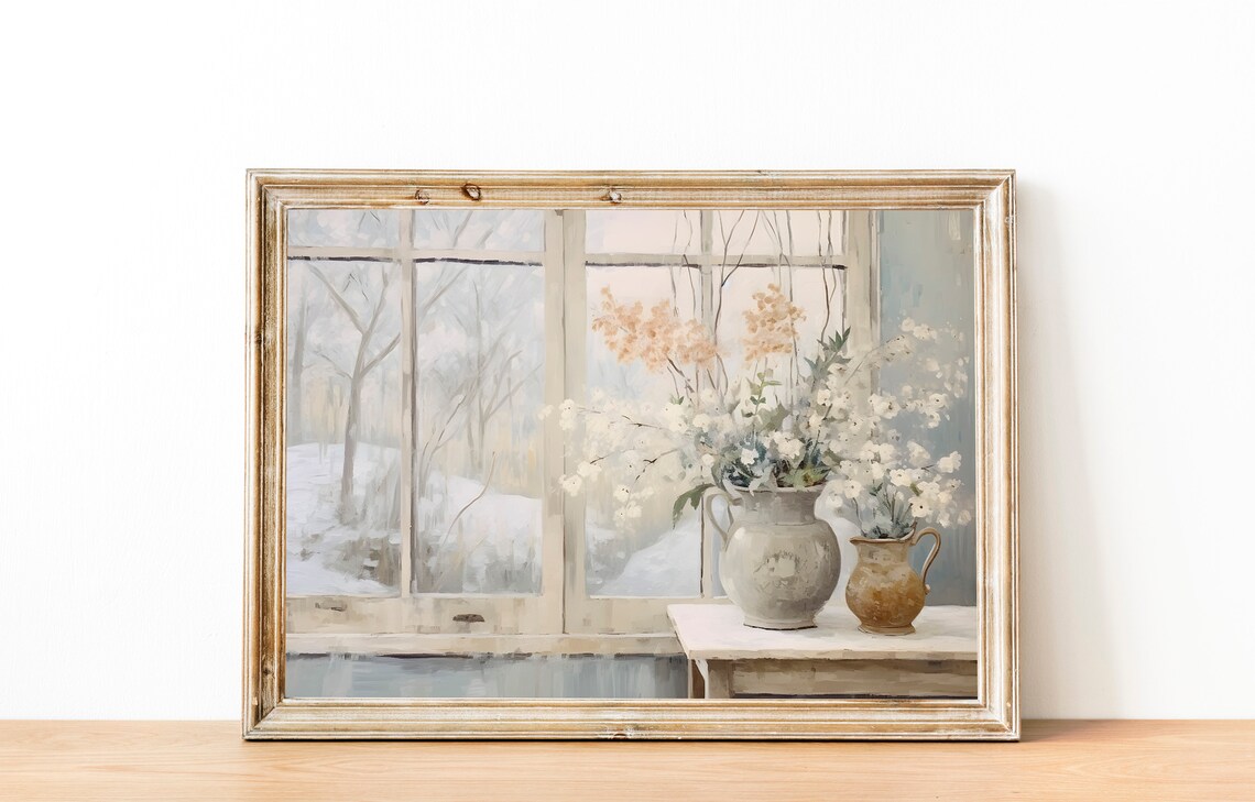 White Wildflowers in Vases by Snowy Window Soft Watercolor Poster - Image 2