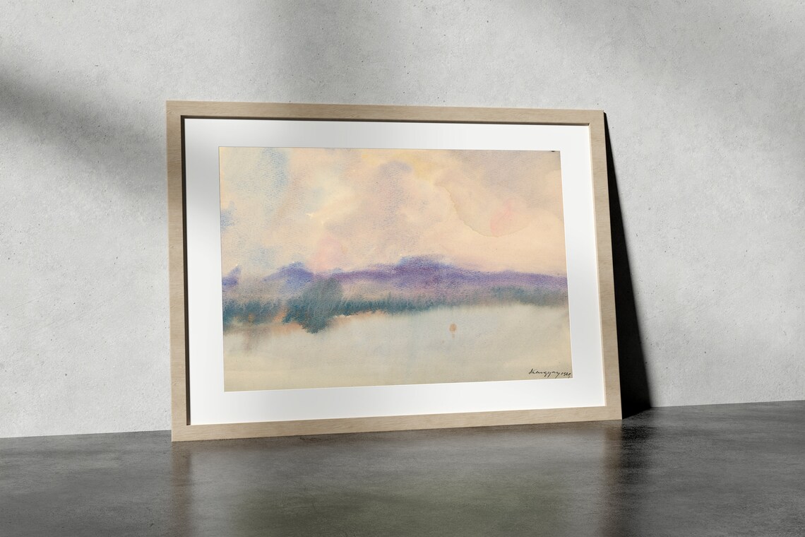 Misty Lake Watercolor Landscape Minimalist Purple Mountains Art Poster - Image 4