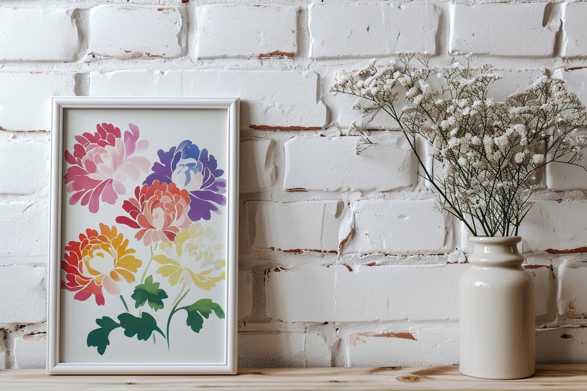 Five Colorful Chrysanthemum Blooms Floral Illustration Poster - Image 4