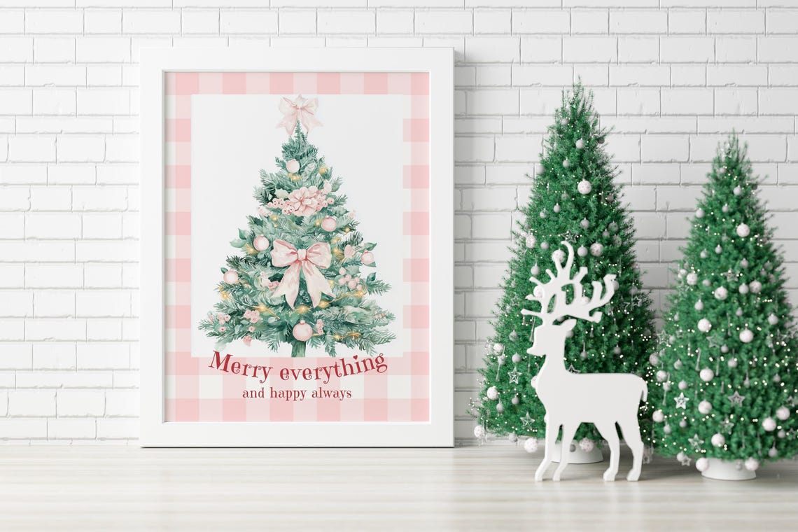 Pink Bow Christmas Tree Merry Everything Text on Pink Gingham Poster - Image 3