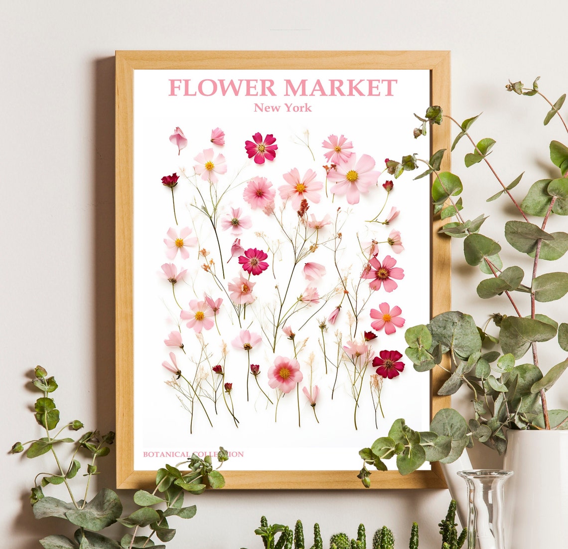 New York Flower Market Print Usa Travel Art New York Art Botanical Wall Decor Dried Flower Pressed Wall Art Pink Flowers Art