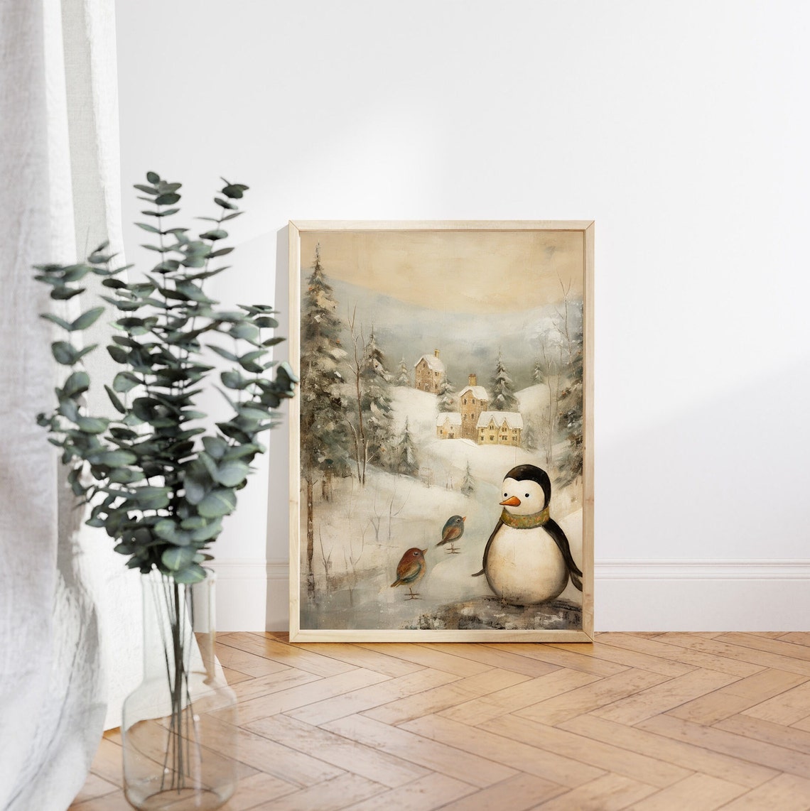 Penguin with Birds in Snowy Cottage Village Winter Art Poster - Image 4