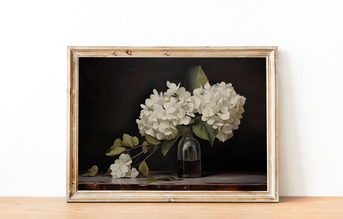 White Hydrangeas in Glass Bottle Dark Background Botanical Poster - Image 2