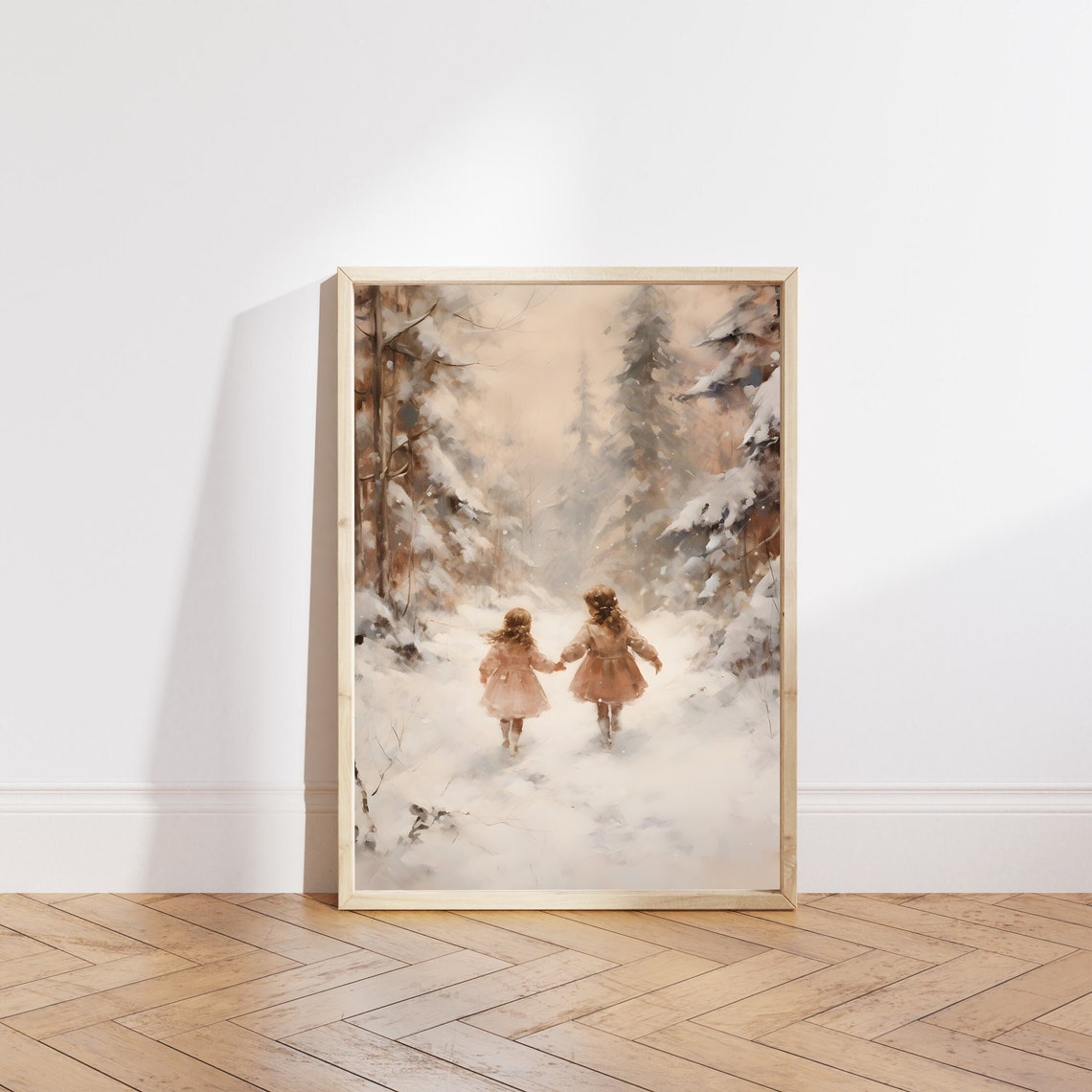 Little Girls On The Snow Winter Wall Art Winter Girls Room Wall Art Magical Winter Painting Snow Forest Art Print Christmas Kids Decor - Image 3