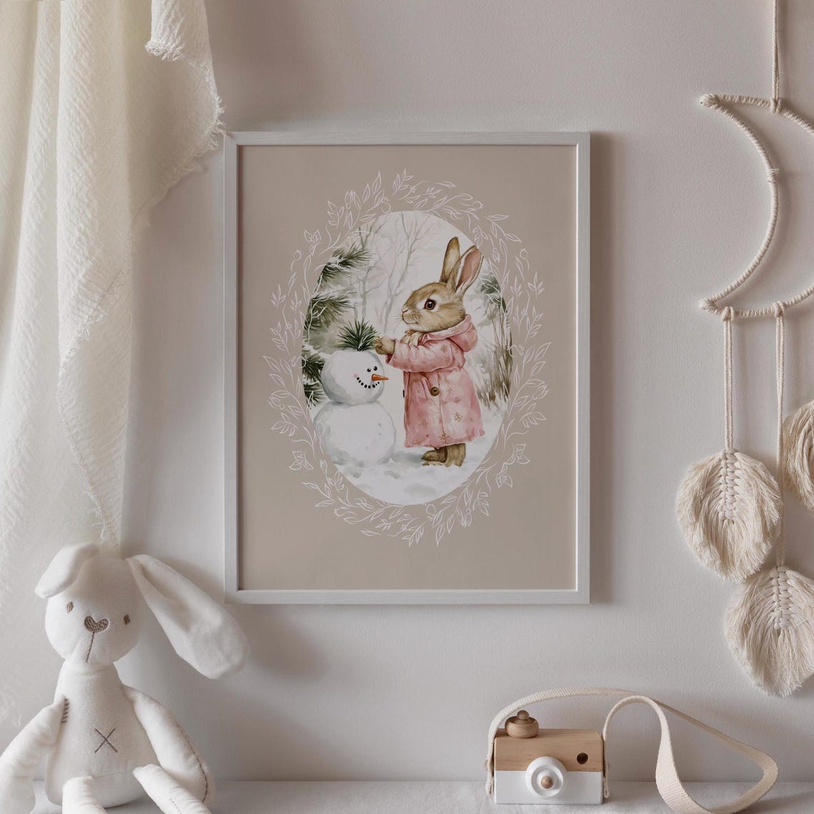Bunny Placing a Pine Sprig on a Snowman in Snowy Woods Poster - Image 3