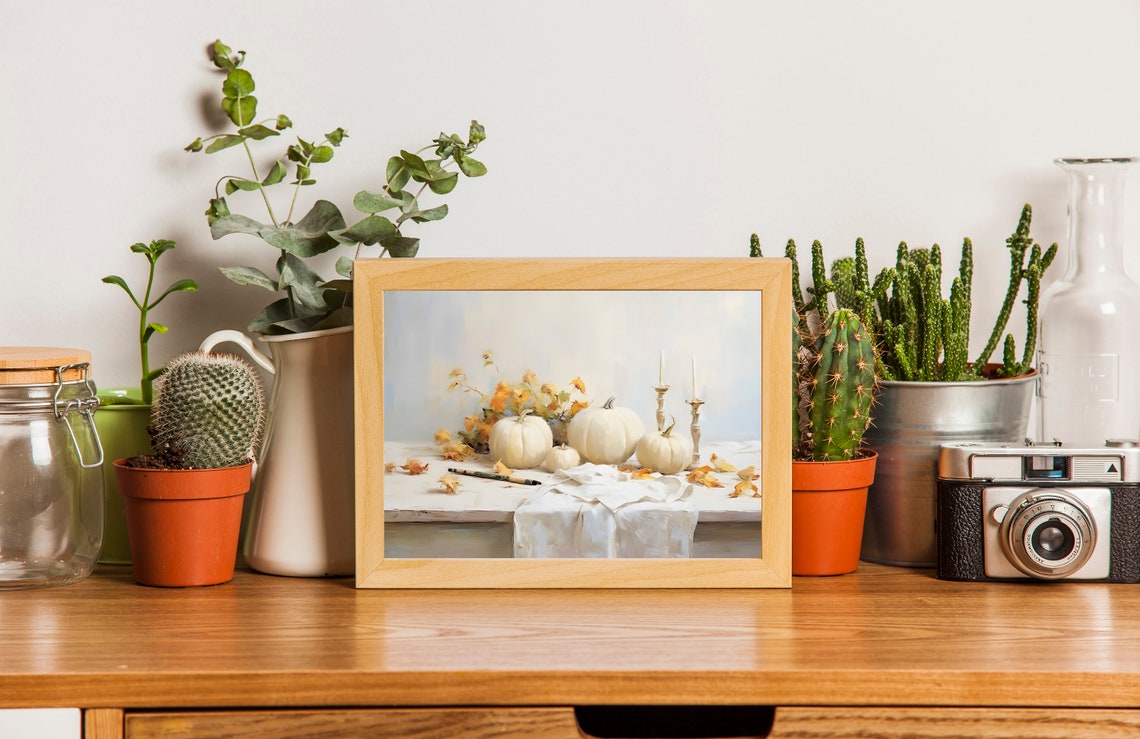 White Pumpkins with Candlesticks Neutral Fall Table Wall Art - Image 2