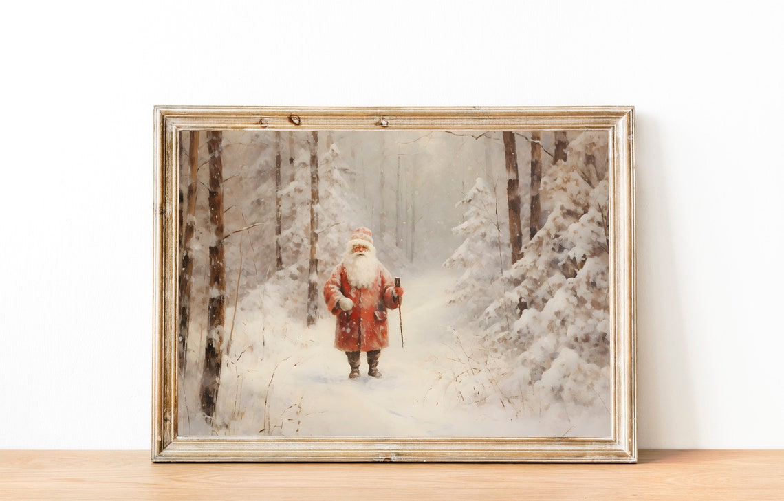 Traditional Santa Claus Walking Through Snowy Pine Forest Poster - Image 3