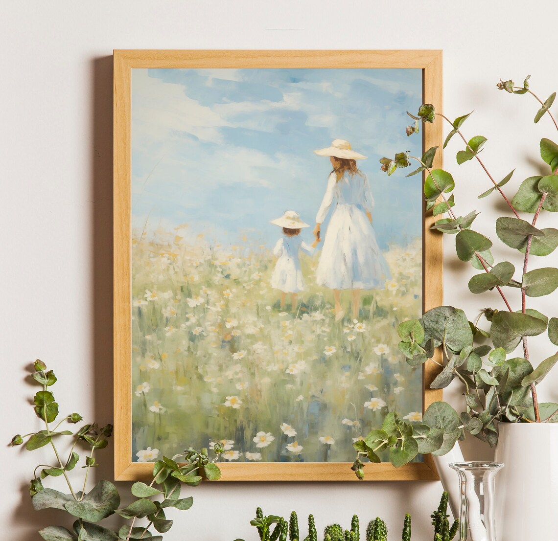 Mother Daughter Summer Meadow Art Print, Daisy Wall