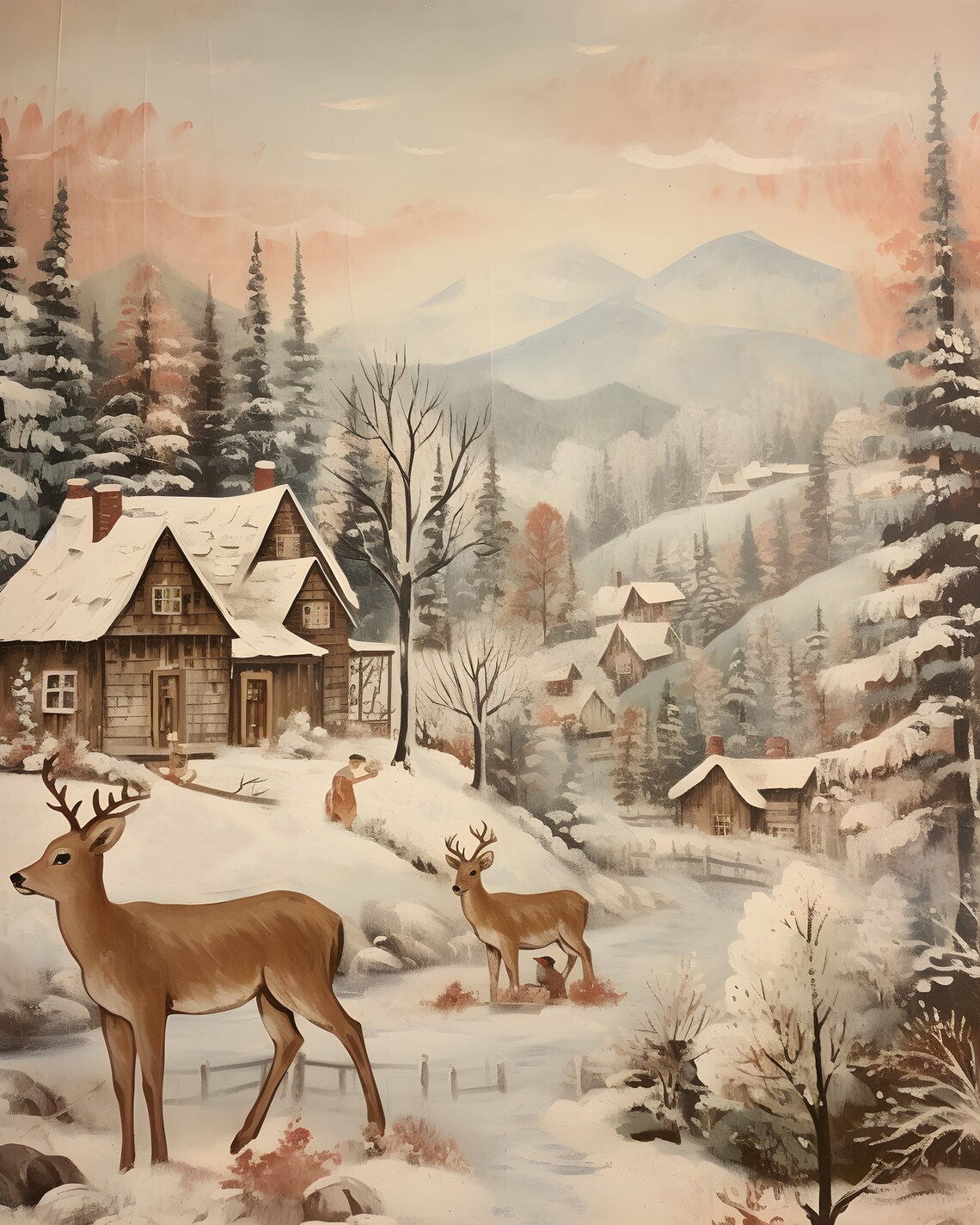 Deer in Snowy Mountain Village with Cozy Cabins Winter Poster - Image 6