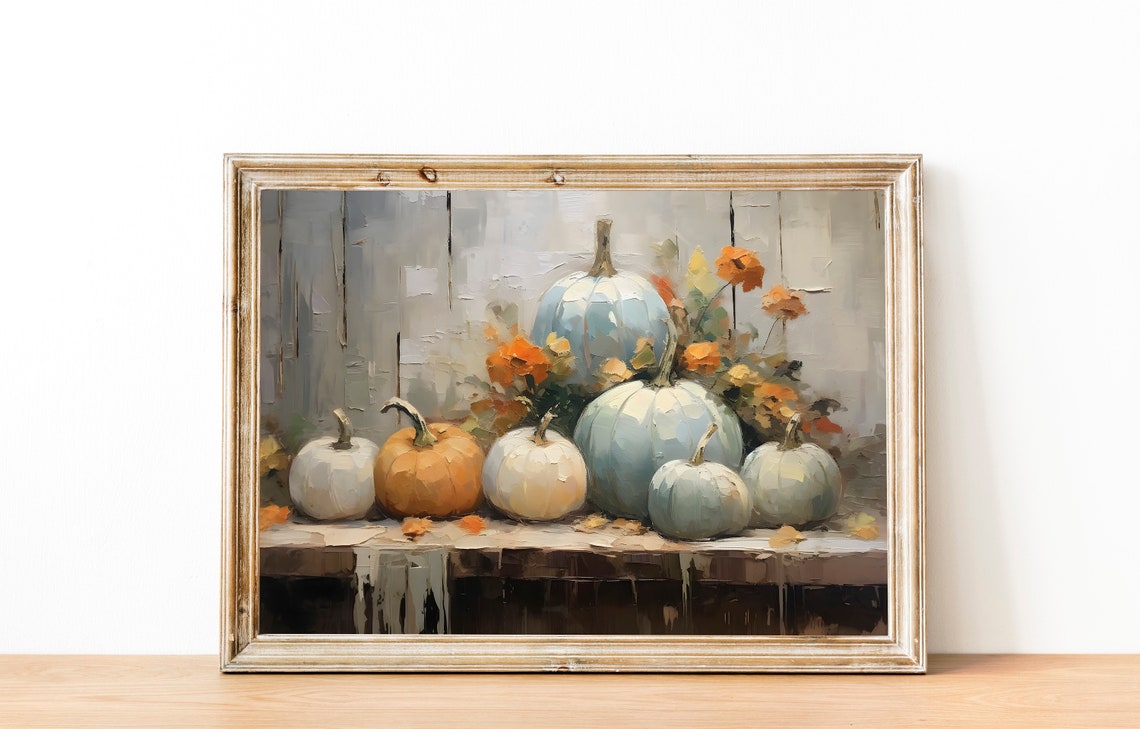 Blue and White Pumpkins with Bright Fall Flowers Autumn Wall Art - Image 4