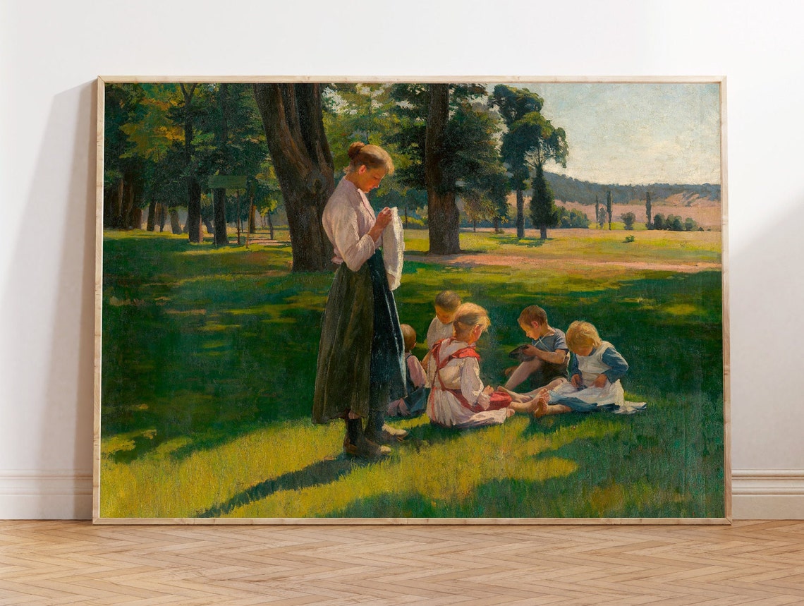 Vintage Country Painting With Children Farmhouse Wall Art Vintage Meadow Painting Cottage Landscape Nursery Decor Art