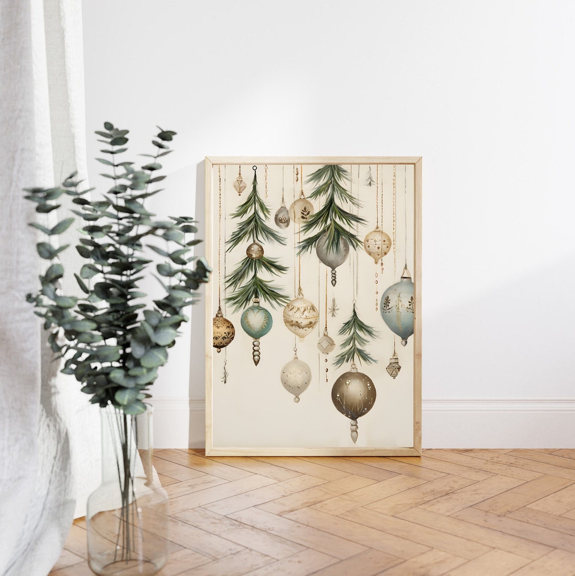 Hanging Vintage Christmas Ornaments with Pine Sprigs Cream Poster - Image 5