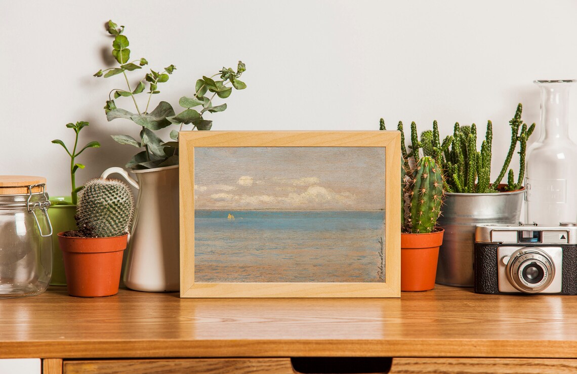 Minimal Neutral Seascape Tiny Sailboats Vintage Coastal Painting Poster - Image 2