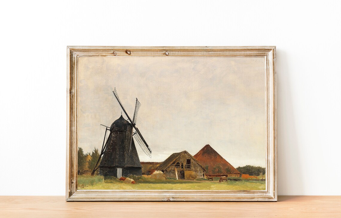 Dutch Farmhouse Windmill, Holland Countryside Art - Image 3