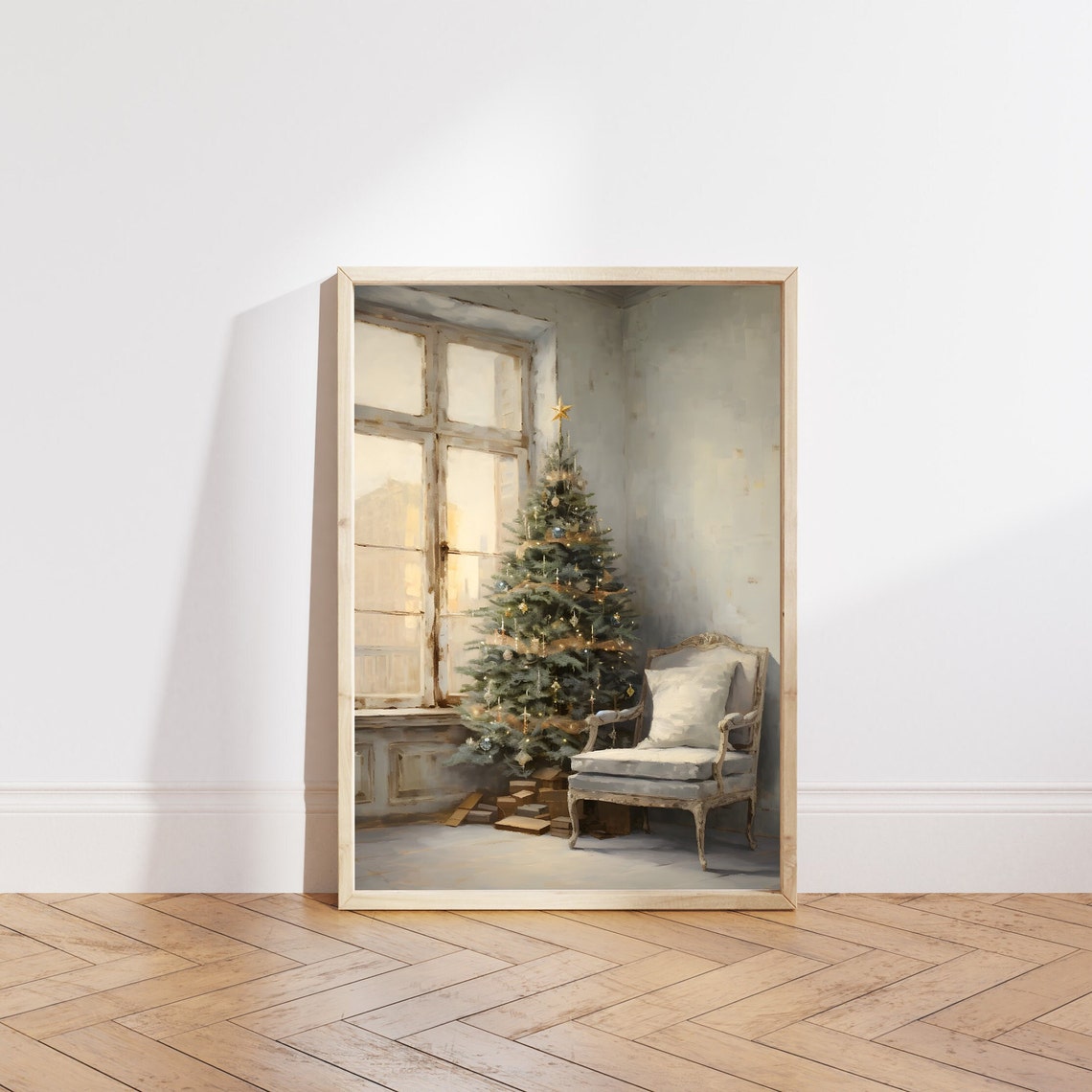 Christmas Tree by Window Beside French Armchair Neutral Art Poster - Image 5