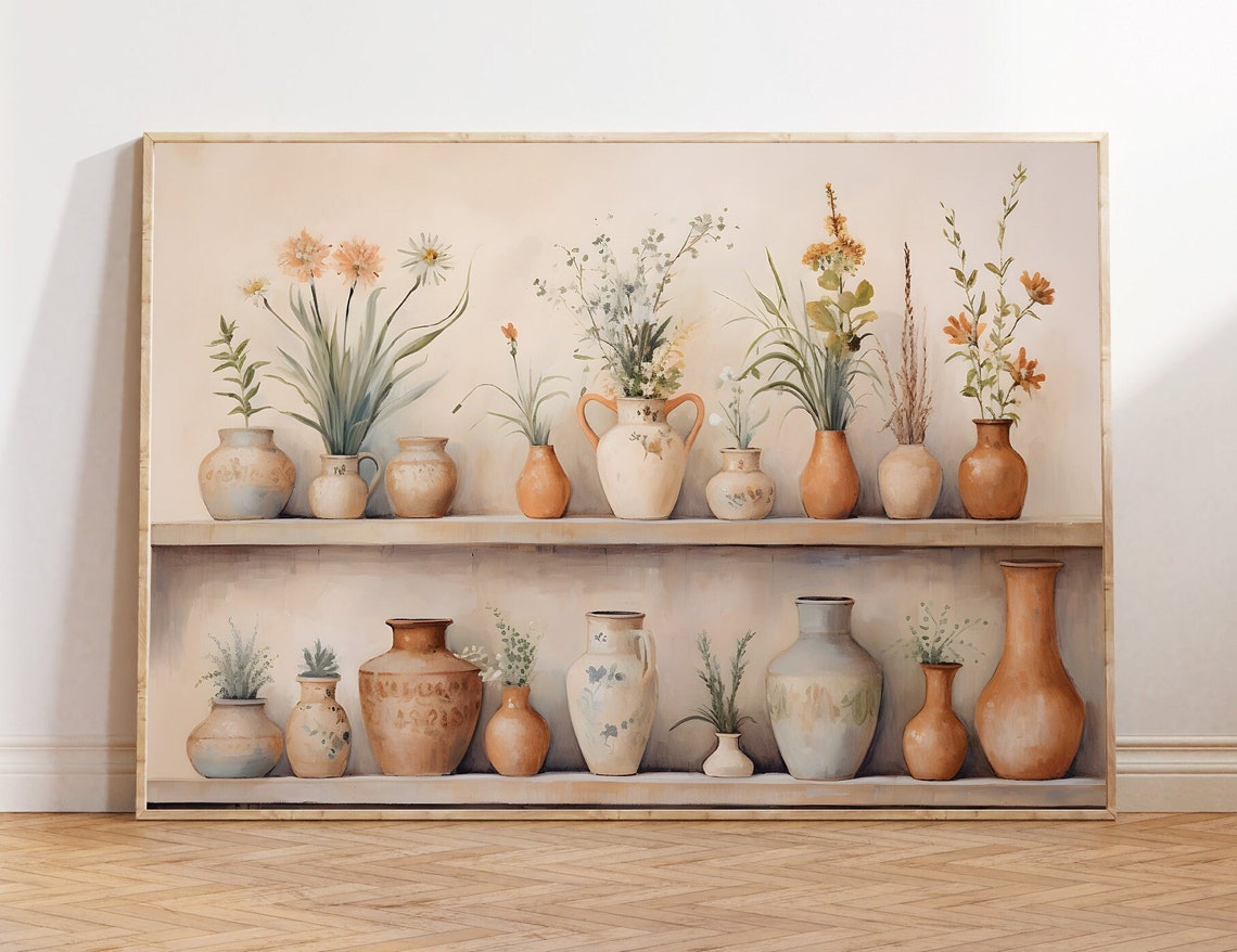 Terracotta Vases with Wildflowers on a Rustic Shelf Farmhouse Wall Art