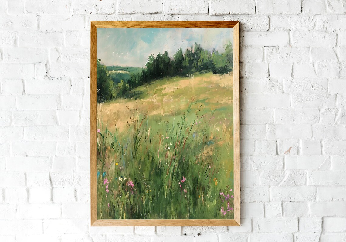 Wildflower Field Landscape Oil Painting Vintage Landscape Art Print Country Field Wall Art Summer Meadow Art - Image 2