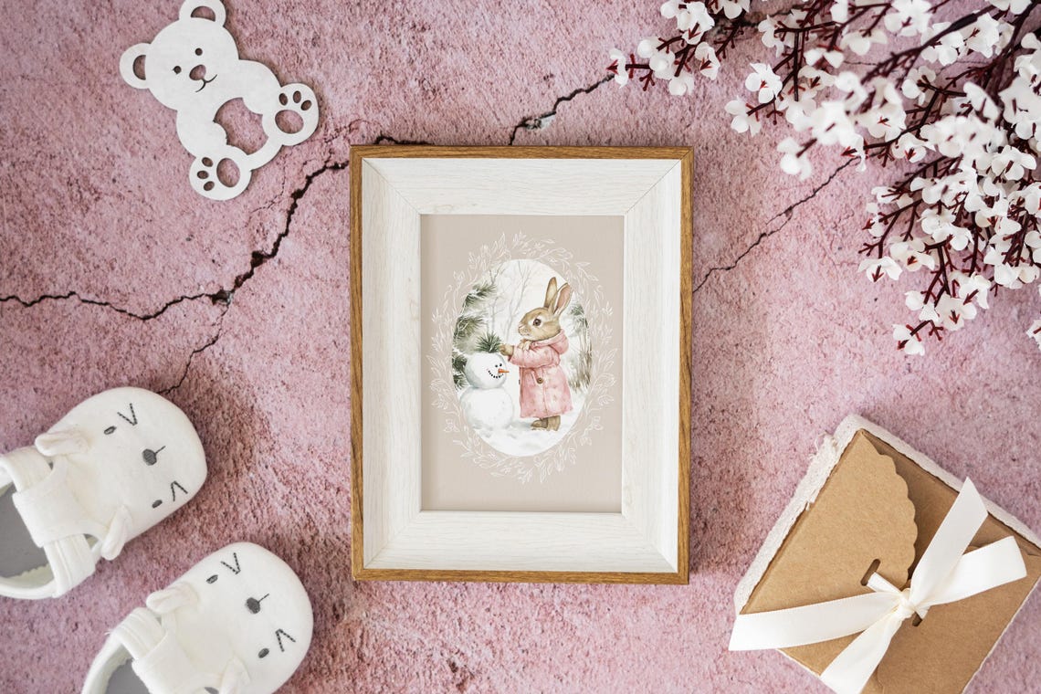 Bunny Placing a Pine Sprig on a Snowman in Snowy Woods Poster - Image 2