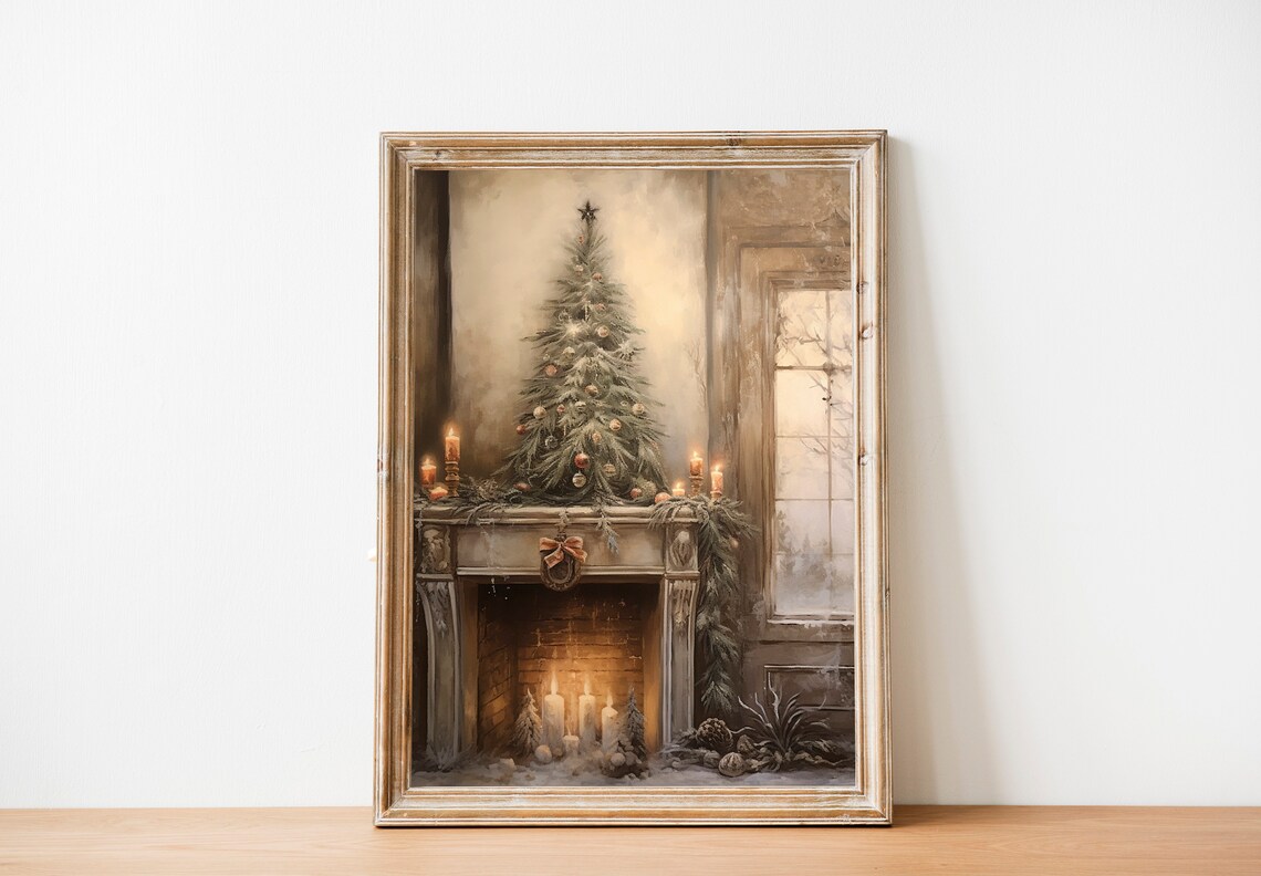 Christmas Tree on Fireplace Mantel with Candles and Garland Poster - Image 5