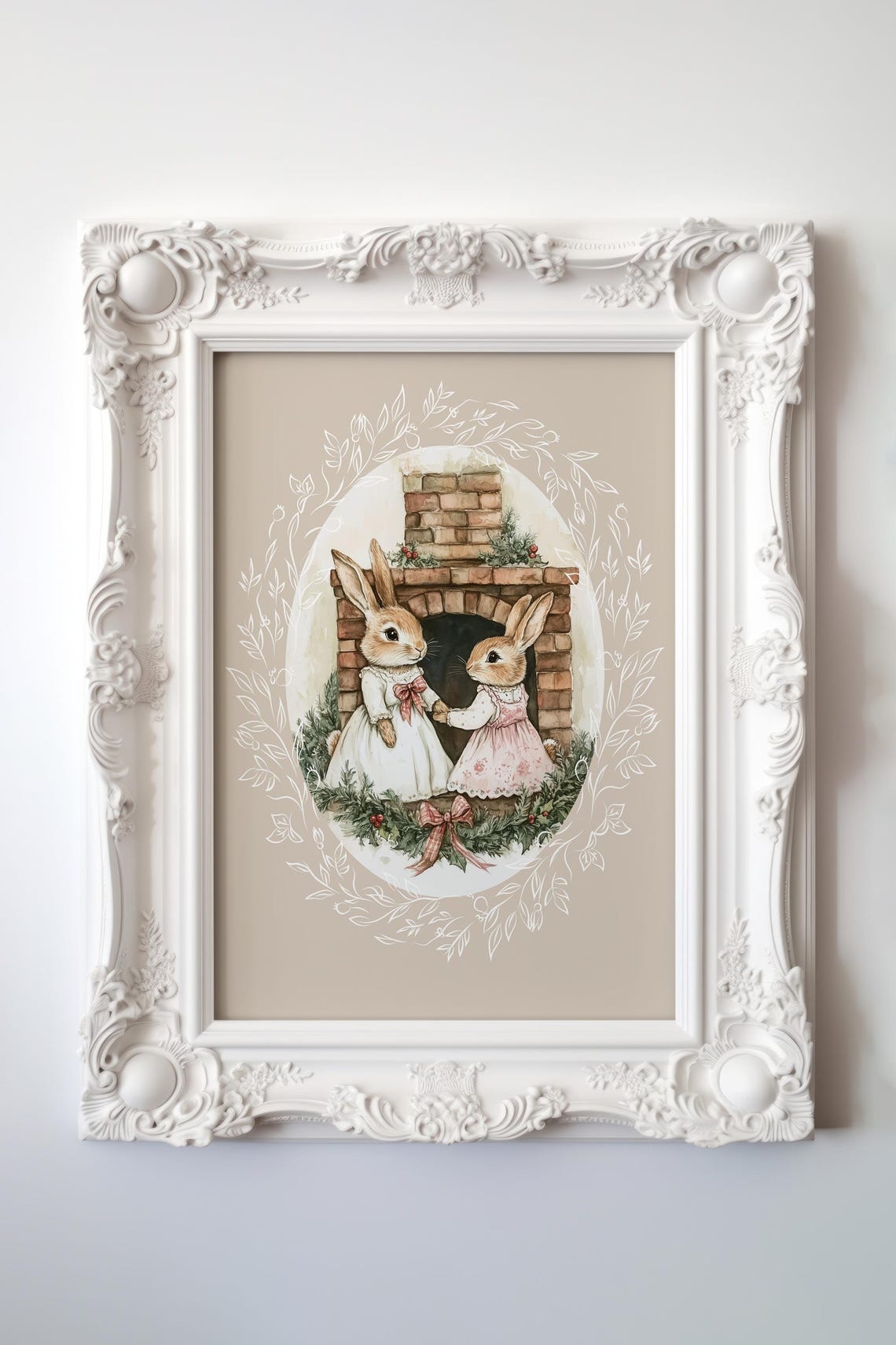 Two Bunny Sisters by a Brick Fireplace with Christmas Garland Poster