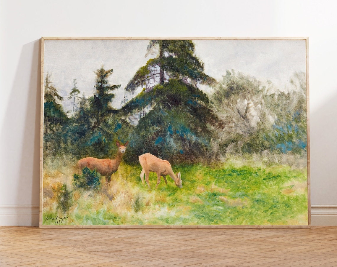 Two Roe Deer In Summer Meadow Pine Forest Wildlife Painting Poster
