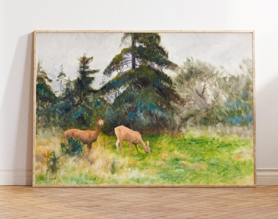 Two Roe Deer In Summer Meadow Pine Forest Wildlife Painting Poster