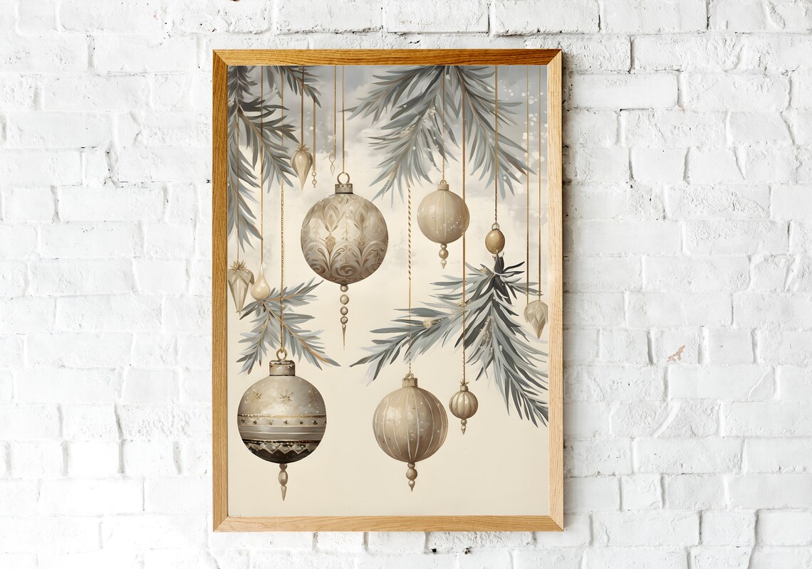 Champagne Baubles Hanging with Frosted Pine Branches Holiday Poster - Image 2
