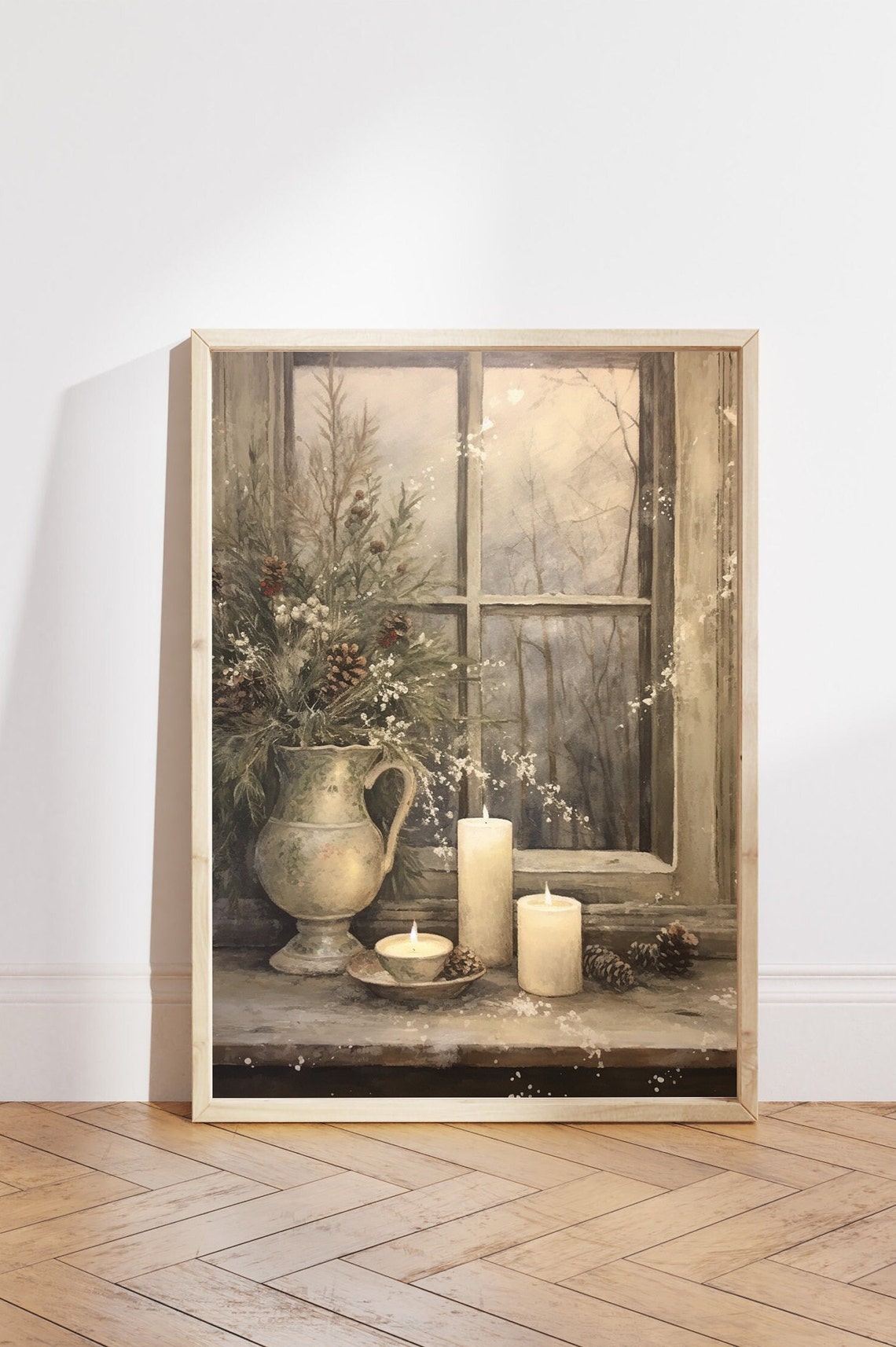 Stoneware Pitcher with Snowy Pine and Candles at Window Poster - Image 5