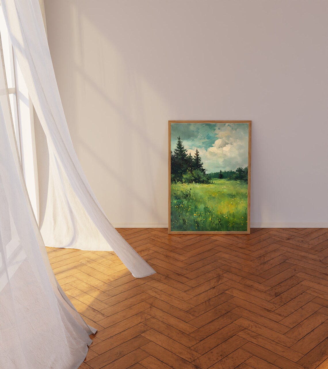 Wildflower Landscape Painting Meadow Pines Cloudy Sky Spring Art Poster - Image 3