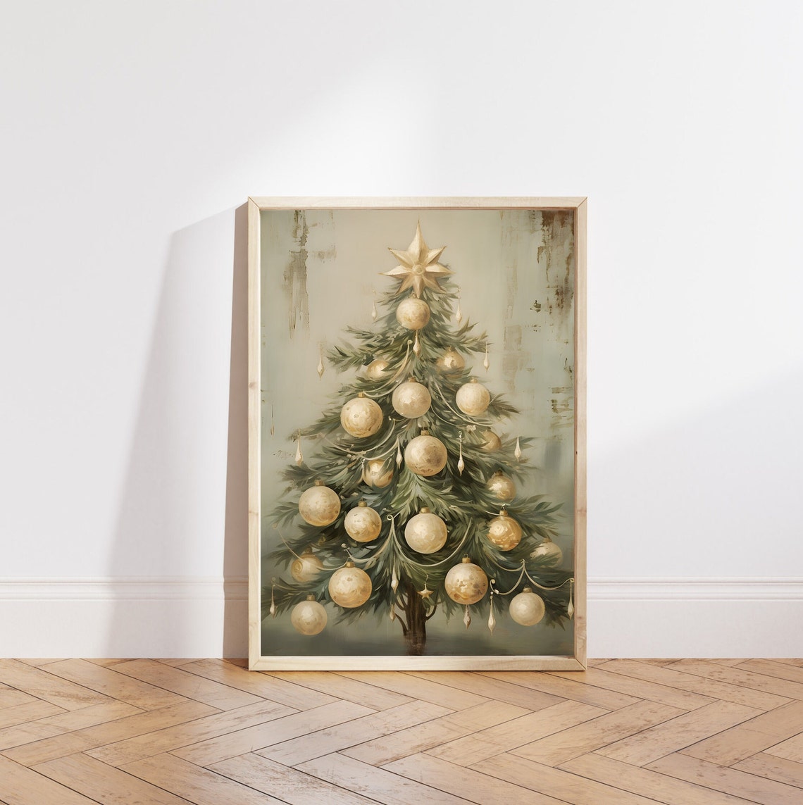 Vintage Christmas Tree with Cream Gold Ornaments Star Topper Poster - Image 5