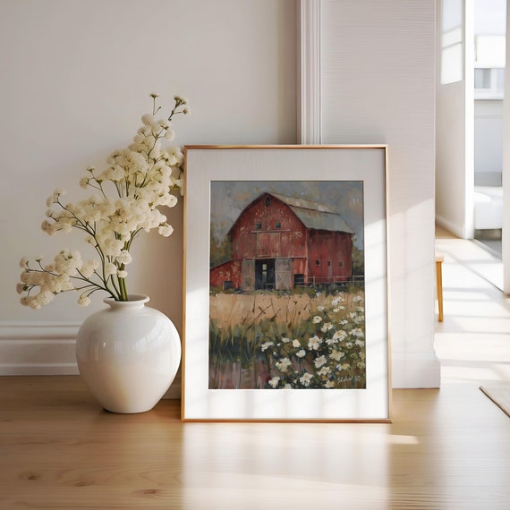 Countryside Rustic Red Barn And Blossoms Oil Painting Country Farmhouse Art Rural Rustic Farmhouse Print Art