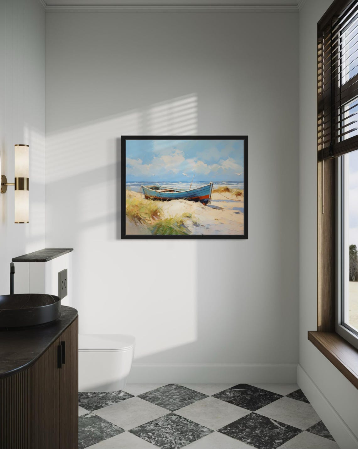 Blue Rowboat Resting on Sandy Beach Dunes Original Painting Poster - Image 4