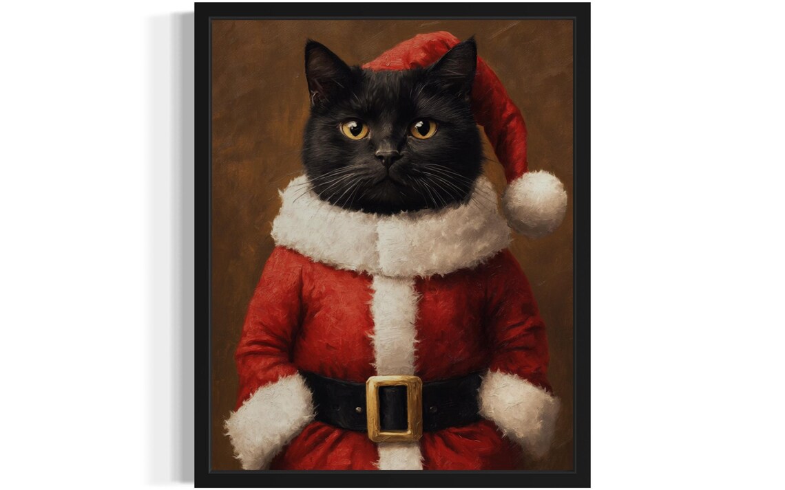 Black Cat Dressed As Santa Claus In Red Suit Christmas Poster