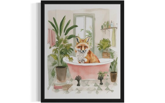 Red Fox Relaxing in a Pink Clawfoot Tub Watercolor Bathroom Poster