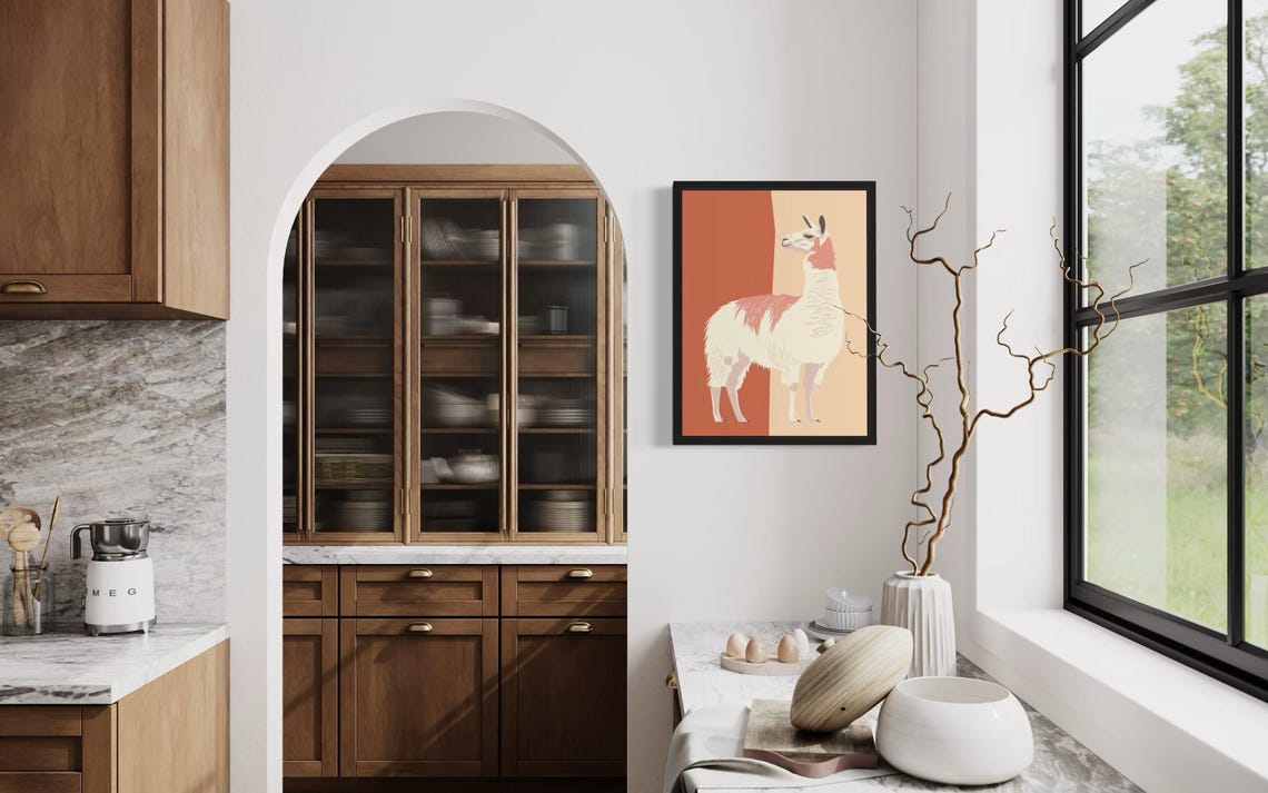 Llama Standing Full Body Terracotta Split Background Modern Poster - Image 4