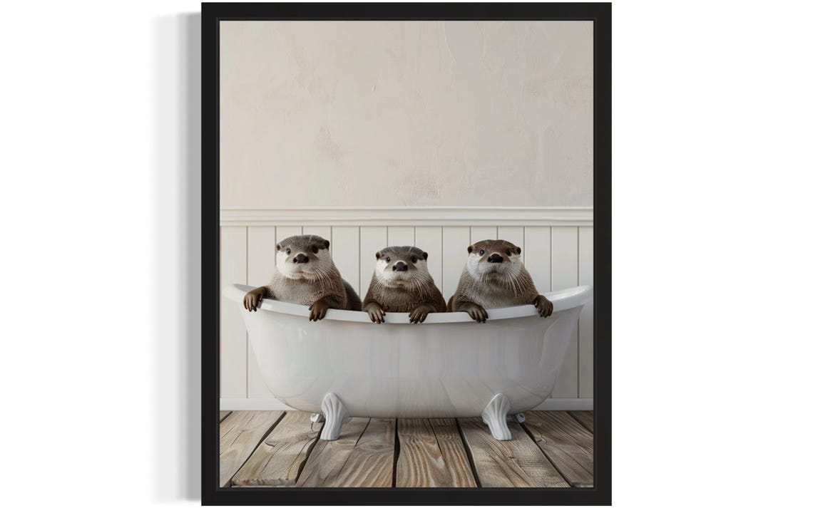 Three Otters Peeking Over a White Clawfoot Bathtub Photo Poster