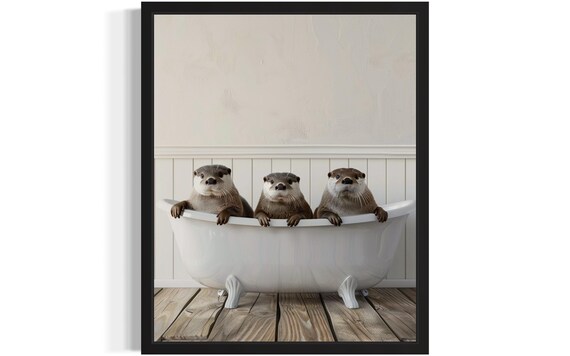 Three Otters Peeking Over a White Clawfoot Bathtub Photo Poster