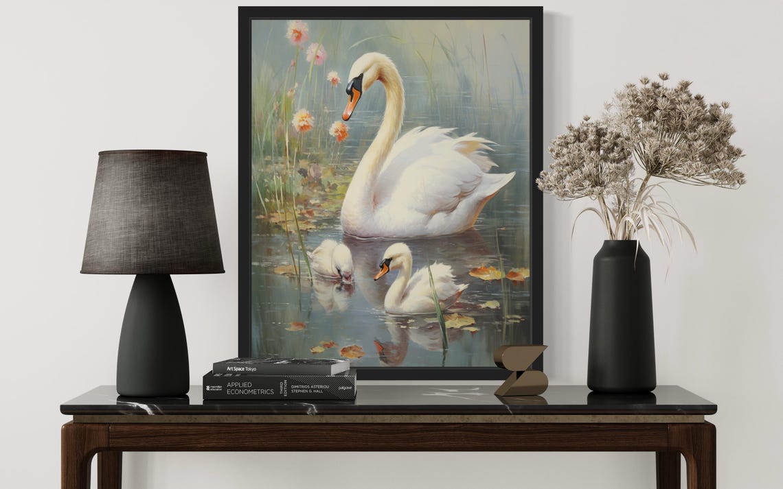 White Swan With Two Cygnets On Lake Vintage Style Bird Poster - Image 3