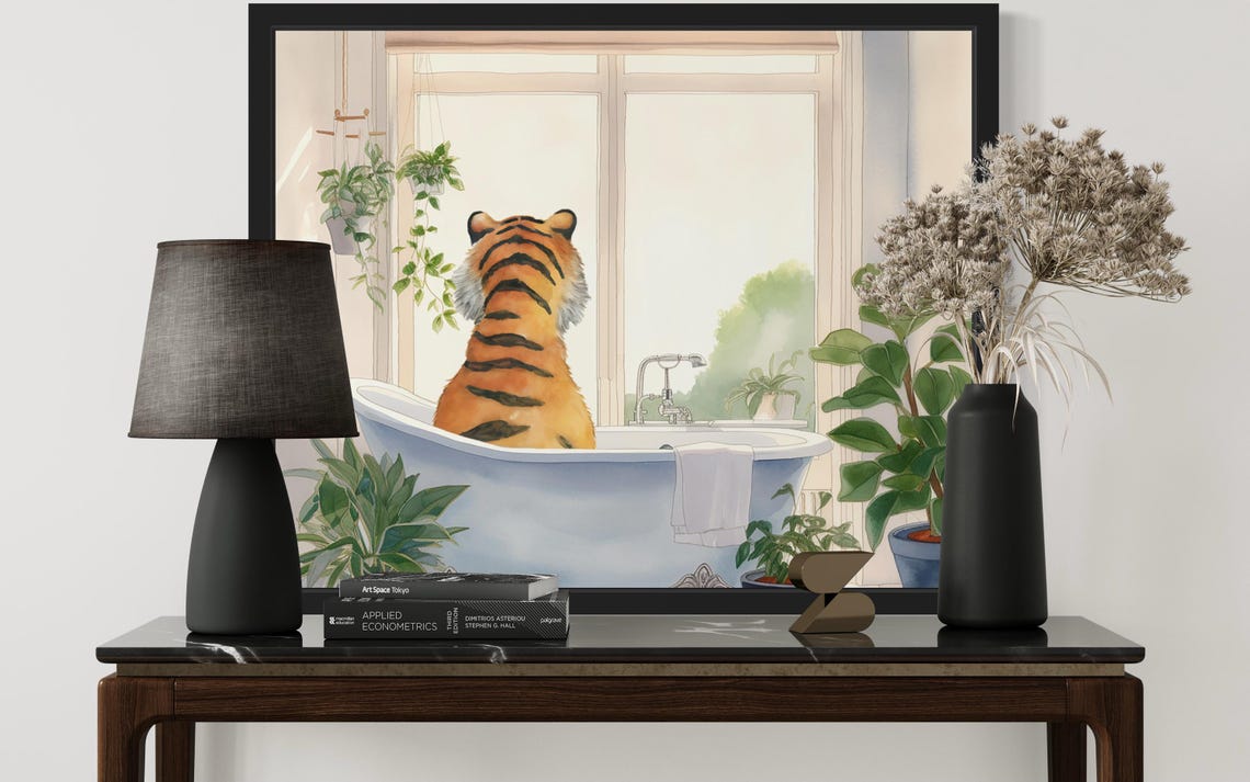 Tiger Bath Time Back View Vintage Bathtub Bathroom Art Poster - Image 3